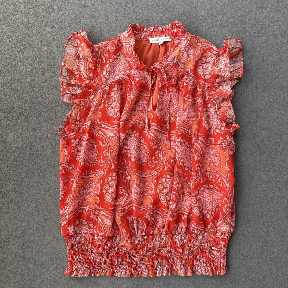 Maison dAmelie‎ Top Womens Large Orange Paisley Ruffles Smocked Waist Preppy